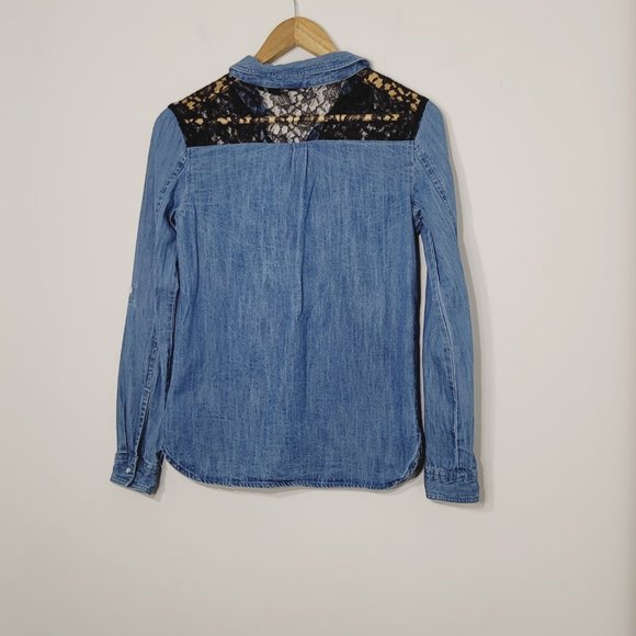 Guess | Denim Chambray Long Sleeve Pearl Snap Shirt Top Black Lace Yoke 14 - Picture 7 of 10